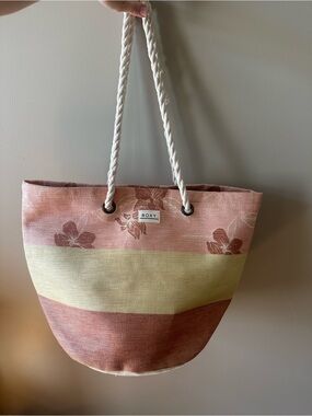 Roxy Pink, Cream & Brown Floral Stripe Rope Tote beach bag